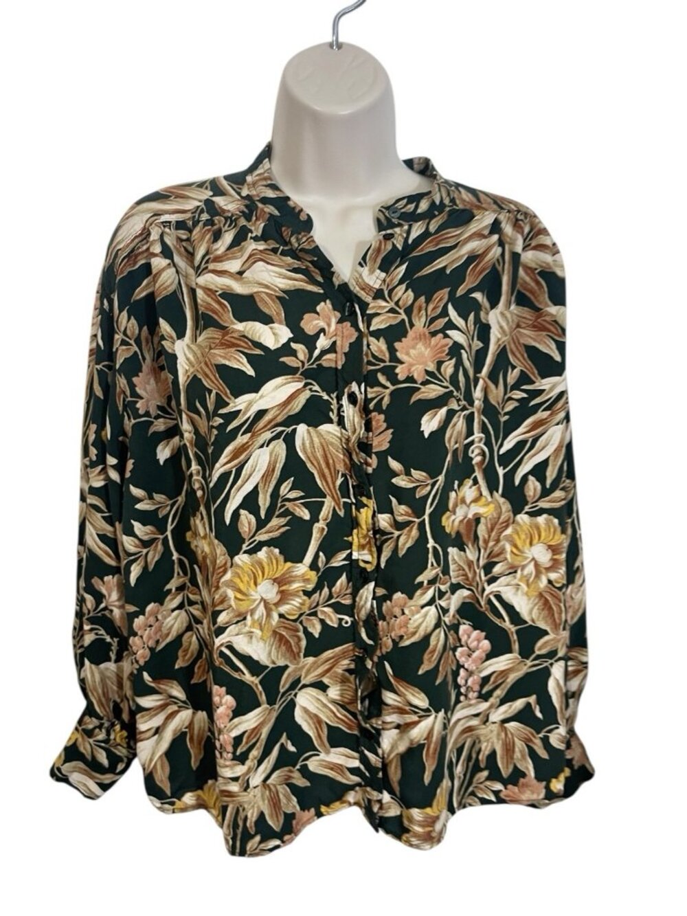 H&M Women's Size 6 Dark Green Floral Print Button Up Blouse Top